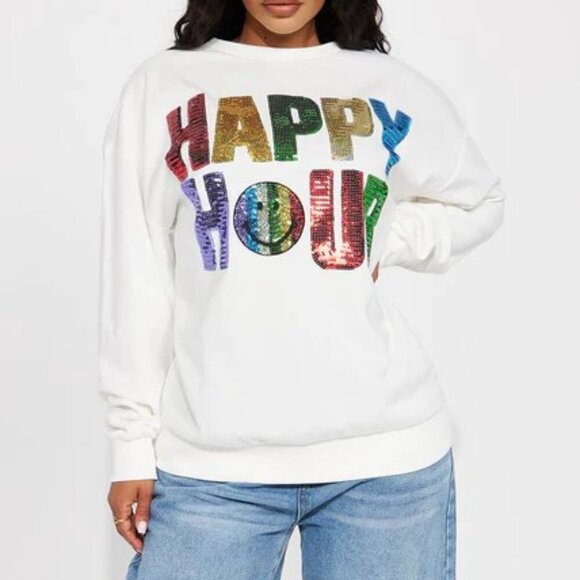 Fashion Nova Sequin Happy Hour Sweatshirt Ivory Size L Colorful Rainbow Holiday - Picture 7 of 7